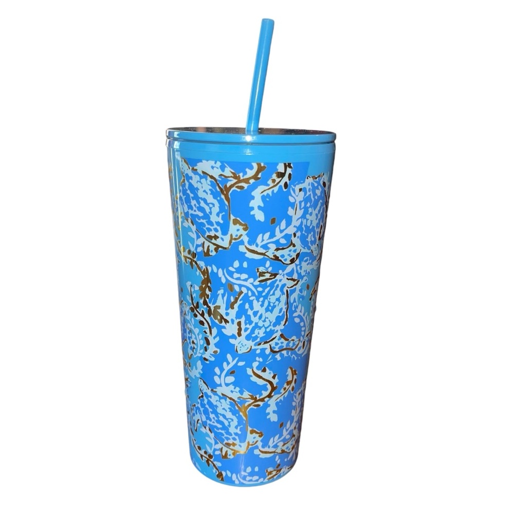 Lilly Pulitzer travel DRINK TUMBLER & STRAW Turtley Awesome 24 oz Blue Gold EUC